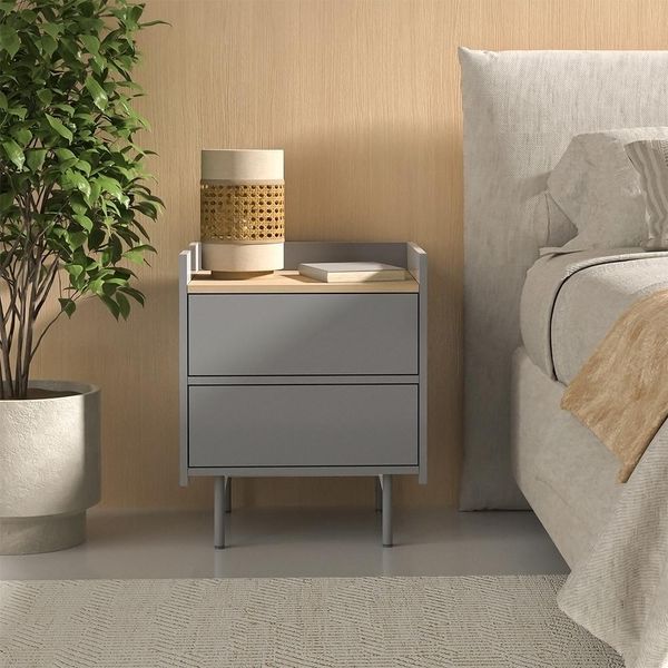 Vicco Comodino Camera Da Letto Velina, 48 X 58 Cm Con 2 Cassetti, Grigio/Quercia-image