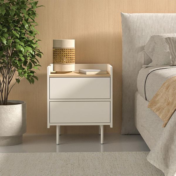 Vicco Comodino Camera Da Letto Velina, 48 X 58 Cm Con 2 Cassetti, Crema/Rovere-image