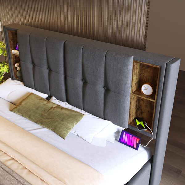 Letto Matrimoniale Sweiko Con Ricarica Wireless Usb C, Rete Imbottita 180X200Cm, Rete Con Contenitore A Doghe In Legno-Cotone Grigio (Senza Materasso)-image