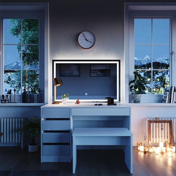 Vicco Tavolo Da Toeletta Sherry, 120 Cm Con Specchio A Led E Panca, Bianco-image