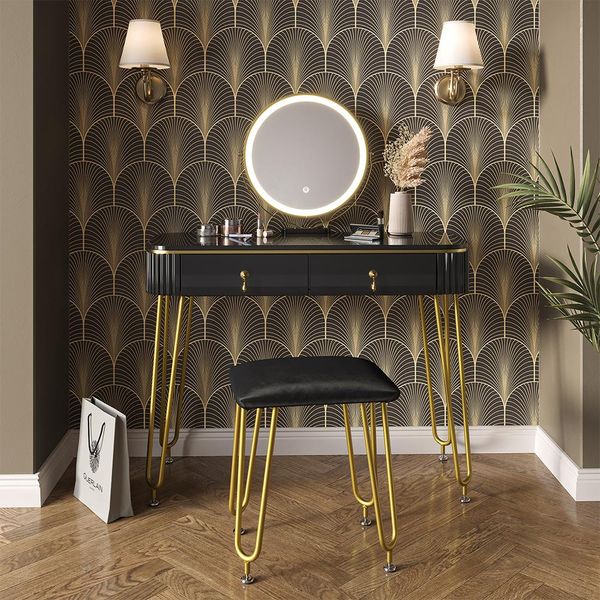 Vicco Tavolo Da Toeletta Grace, 100 Cm Con Illuminazione Led E Sgabello, Nero Lucido-image