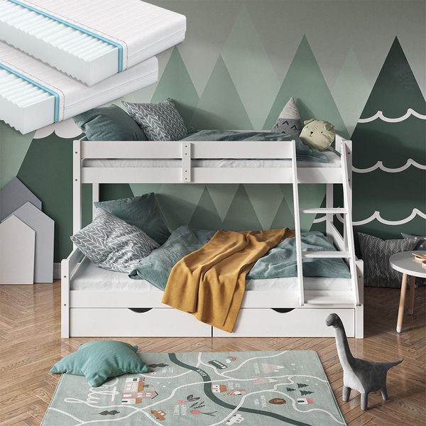 Vitalispa Letto A Castello Everest, 120X200 / 80X200 Cm Con 2 Materassi E 2 Cassetti, Bianco-image
