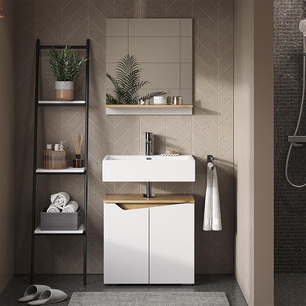 Vicco Specchio Contenitore Bagno Marelle, 60 X 67 Cm Con Ripiano, Bianco/Rovere Artigianale-image