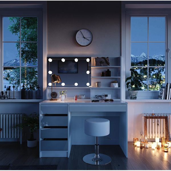 Vicco Tavolo Da Toeletta Sherry, 120 Cm Con Illuminazione A Led, Sgabello E Ripiano A Specchio, Bianco-image