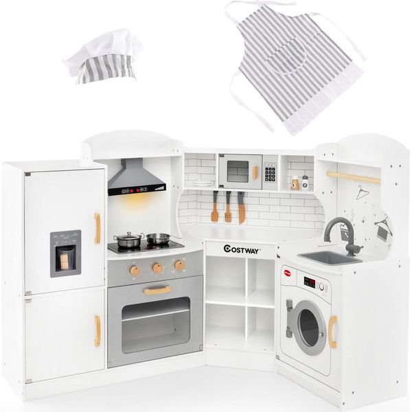 Costway Angolo Cucina, Cucina Per Bambini Con Luci E Suoni, Cucina Per Bambini Con Lavello, Gelatiera, Forno, Pentole, Cucina Giocattolo In Legno Per Bambini Da 3 Anni (Bianco)-image