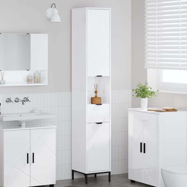 Vidaxl Mobile Da Bagno Con Anta Bianco Lucido 31,5 X 33 X 190 Cm-image