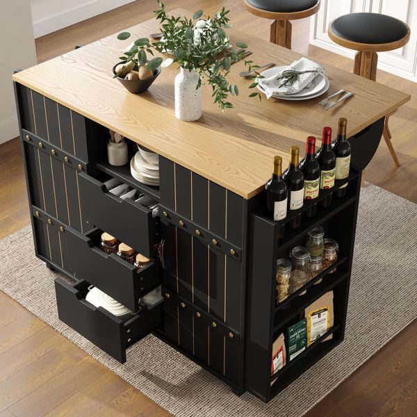 Armadio Da Cucina Sweiko, Carrello Di Servizio Con Venature Del Legno, Carrello Da Cucina Con Rotelle E Piano Di Lavoro, Carrello Da Cucina Con Portaspezie E Portasciugamani, Isola Da Cucina Con Ante Scorrevoli E Cassetti, Nero-image