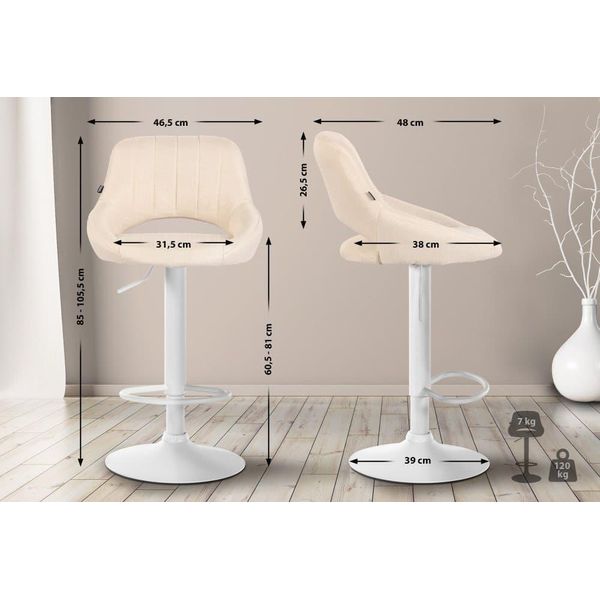 Set Di 2 Sgabelli Da Bar - Sgabello Da Bar - Regolabile In Altezza Con Funzione Girevole A 360° | Colore: Crema | Materiale Base: Metallo Bianco Opaco-image