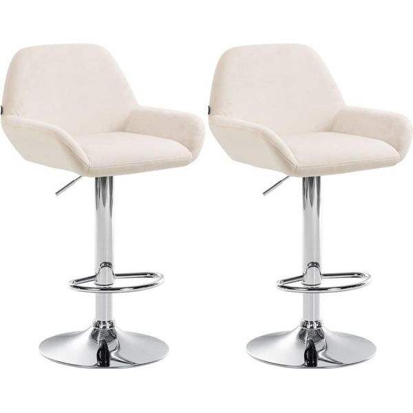 Set Di 2 Sgabelli Da Bar - Sedute In Velluto - Altezza Regolabile, Girevole A 360° | Colore: Crema | Materiale Base: Metallo Cromato-image