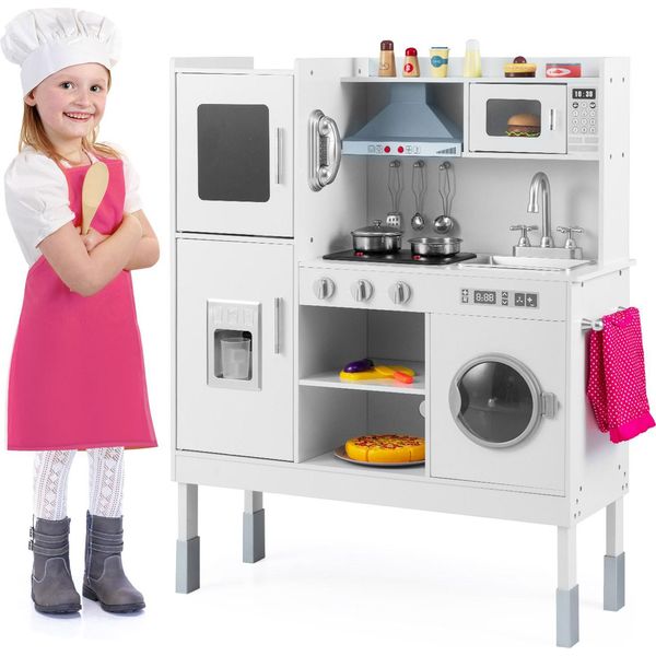 Cucina Per Bambini Costway In Legno, Cucina Da Gioco Con Lavagna, Microonde, Lavello, Forno, Spazio Di Archiviazione, Luci E Suoni, Accessori Inclusi, Cucina Giocattolo Per Bambini 3+ Bianco-image
