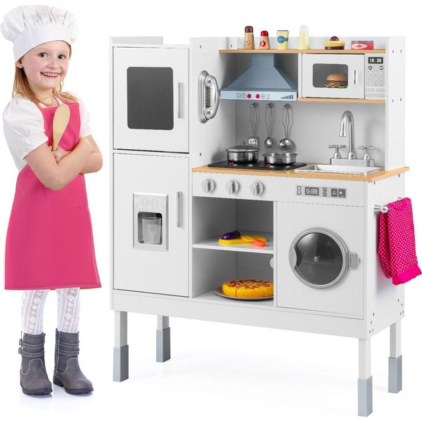 Costway Cucina Per Bambini In Legno, Cucina Da Gioco Con Tavolo, Forno A Microonde, Lavello, Forno, Spazio Per Riporre Oggetti, Luci E Suoni, Accessori Inclusi, Cucina Giocattolo Per Bambini 3+Bianco+Natura-image