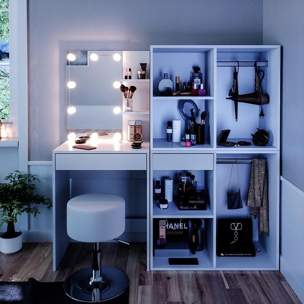 Vicco Tavolo Da Toeletta Isabelle, 140 Cm Con Led, Sgabello E Armadio, Bianco-image