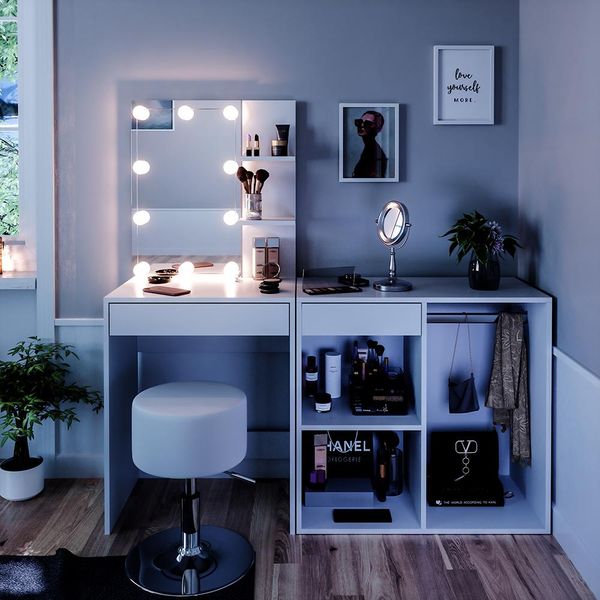 Vicco Tavolo Da Toeletta Isabelle, 140 Cm Con Led, Sgabello E Armadio, Bianco-image