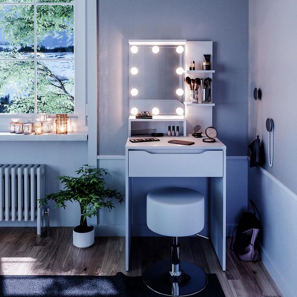 Vicco Tavolo Da Toeletta Ruben, 60 Cm Con Illuminazione Led E Sgabello, Bianco-image