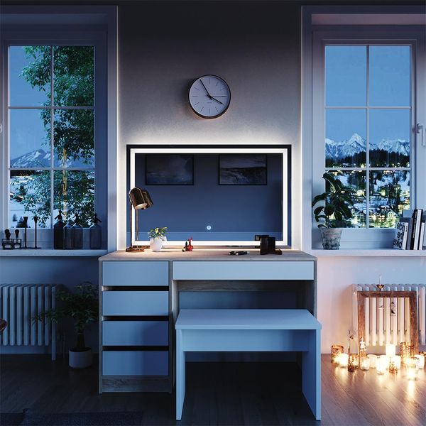 Vicco Tavolo Da Toeletta Sherry, 120 Cm Con Specchio Led E Sgabello, Bianco/Sonoma/Sonoma-image