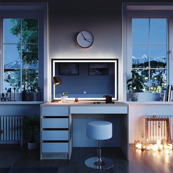 Vicco Tavolo Da Toeletta Sherry, 120 Cm Con Specchio Led E Sgabello, Bianco/Sonoma-image
