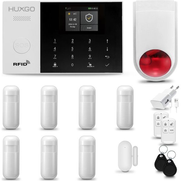 Huxgo HXA005 Sistema Di Allarme Casa Wifi + Gsm 2G Con Sirena Wireless Sistema Di Allarme Con 7X Sensori Di Movimento E Sensore Porta-Finestra, Sistema Di Allarme Per Appartamento, Casa, Garage, Tuya Smartlife App-image