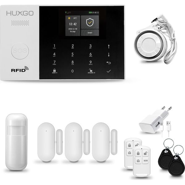 Huxgo HXA005 Sistema Di Allarme Casa Wifi + Gsm 2G Con Sirena Sistema Di Allarme Con Sensore Di Movimento E 3X Sensore Porta-Finestra, Sistema Di Allarme Per Appartamento, Casa, Garage, App Tuya Smartlife-image