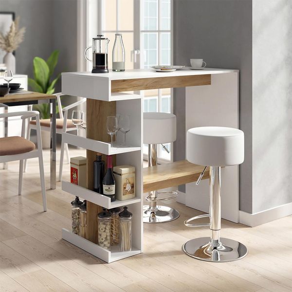 Vicco Tavolo Bar Con Sgabelli Dana, 108 X 50 Cm Con 2 Sgabelli Da Bar, Rovere Bianco/Dorato-image