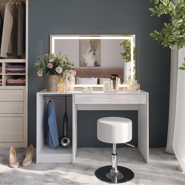 Vicco Tavolo Da Toeletta Sherry, 119.8 Cm Con Illuminazione A Led E Sgabello, Bianco/Bianco Lucido/Bianco Lucido-image