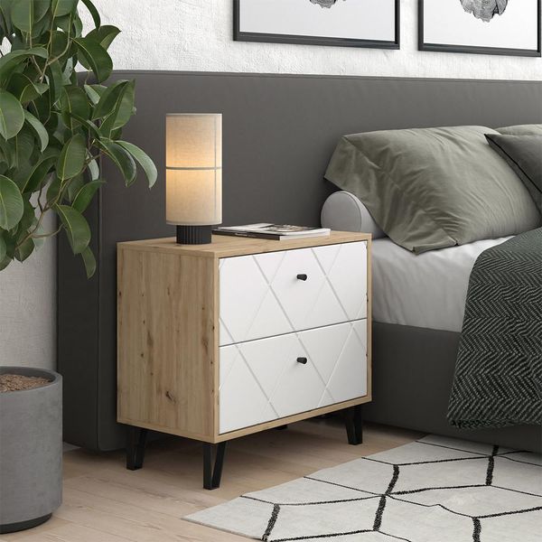 Vicco Comodino Camera Da Letto Nizza, 66 X 60.2 Cm Con 2 Cassetti, Artigianale/Bianco/Bianco-image