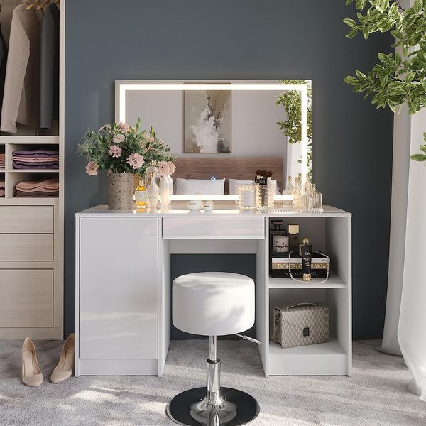 Vicco Tavolo Da Toeletta Sherry, 128.2 Cm Con Specchio Led E Sgabello, Bianco/Bianco Lucido-image
