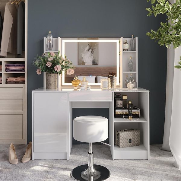 Vicco Tavolo Da Toeletta Sherry, 128.2 Cm Con Specchio Led E Sgabello, Bianco/Bianco Lucido-image