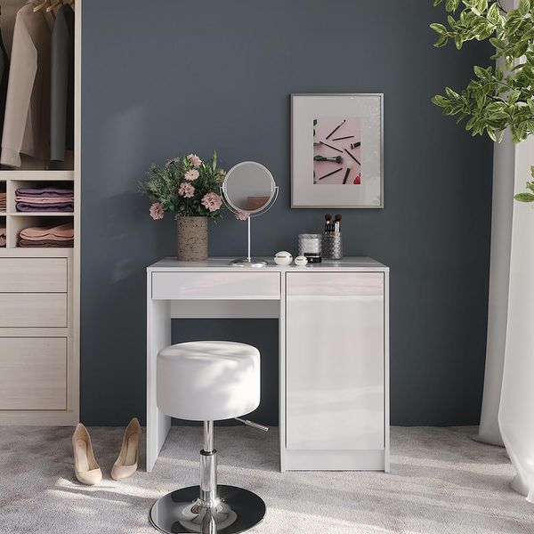 Vicco Tavolo Da Toeletta Sherry, 89.8 Cm Con Sgabello, Bianco/Bianco Lucido-image