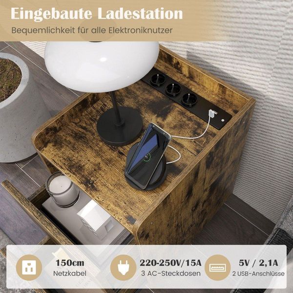 Comodino Con Stazione Di Ricarica, 2 Cassetti, Porte Usb, 40X32X60 Cm-image