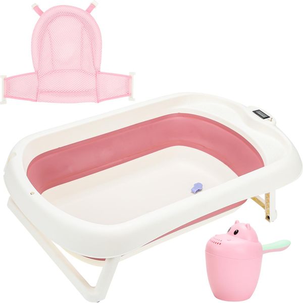Jopassy Vaschetta Da Bagno Per Bambini Vaschetta Da Bagno Per Bambini Pieghevole Pieghevole Bagno Sicuro 3 In 1 0-6 Anni Con Piedini Portatile Con Rete Di Sicurezza Termometro Tazza Per Shampoo Rosa-image