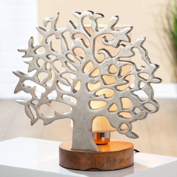 Gilde Tischleuchte, Lebensbaum, "Lebensbaum"", Aluminium, Mangoholz, Silberfarben, , L. 18 Cm, B. 31 Cm, H. 31 Cm 49001"-image