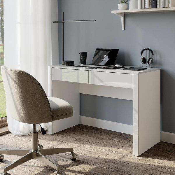 Vicco Scrivania Annabelle, 110 X 50 Cm Con 2 Cassetti, Bianco Lucido/Bianco-image