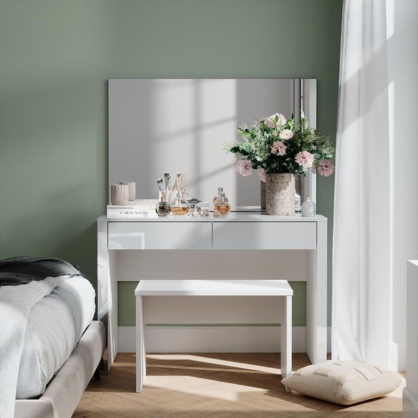 Vicco Tavolino Da Toilette Annabelle, 110 Cm Con Specchio E Panca, Bianco Lucido/Bianco-image