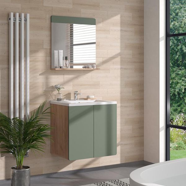 Vicco Specchio Da Bagno Izan, 60 X 62 Cm Con Ripiano, Quercia Verde/Oro-image