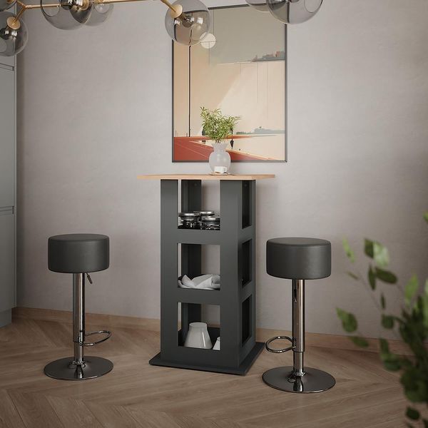 Vicco Tavolo Bar Con Sgabelli Repose, 65 X 65 Cm Con 2 Sgabelli Da Bar, Quercia Dorata/Antracite/Nero-image
