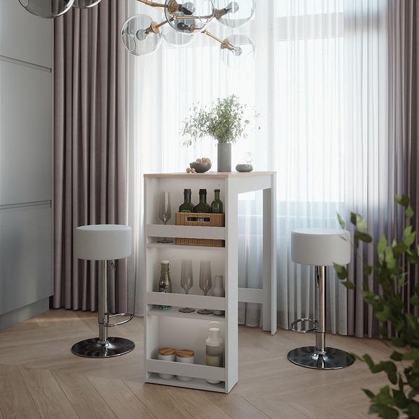 Vicco Tavolo Bar Con Sgabelli Repose, 45 X 110 Cm Con 2 Sgabelli Da Bar, Bianco/Sonoma/Bianco-image