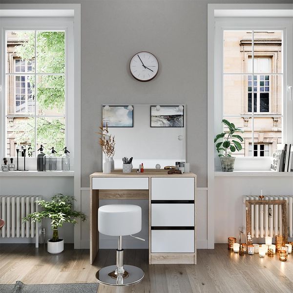 Vicco Tavolo Da Toeletta Sherry, 90 Cm Con Illuminazione Led E Sgabello, Sonoma/Bianco-image