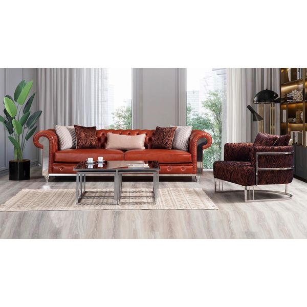 Set Di Divani Chesterfield In Pelle Finta A Tre Posti Marrone Set Di Divani-image