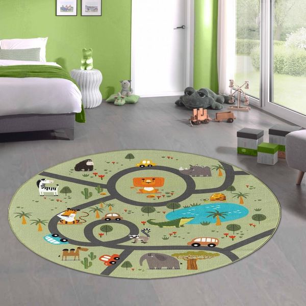 Tappeto Per Bambini Safari / Gioco Di Strada Verde Dimensioni - 160 Cm Rotondo-image