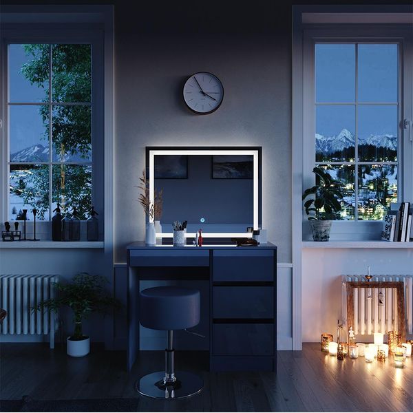 Vicco Tavolo Da Toeletta Sherry, 90 Cm Con Specchio Led E Sgabello, Antracite Lucido-image