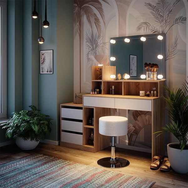 Vicco Tavolo Da Toeletta Anja, 139.8 Cm Con Illuminazione A Led E Sgabello, Bianco/Sonoma-image