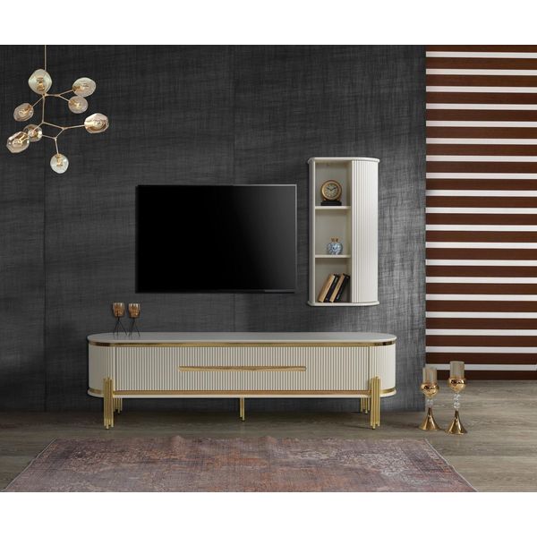Porta Tv Rtv Lowboard Bianco Tavolo Legno Soggiorno Moderno Credenza-image
