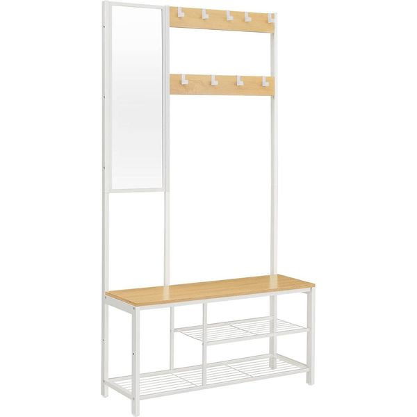 Vasagle Appendiabiti Con Ganci Appendiabiti Con Specchio, Panca Per Scarpe E Ripiani, 36 X 98 X 185 Cm, Per Corridoio, Camera Da Letto, Soggiorno, Rovere Bianco-image