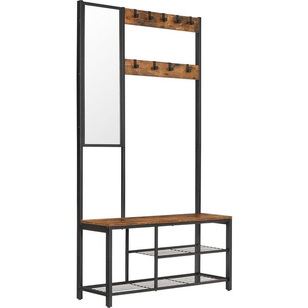 Vasagle Appendiabiti Con Ganci Appendiabiti Con Specchio, Panca Per Scarpe E Ripiani, 36 X 98 X 185 Cm, Per Corridoio, Camera Da Letto, Soggiorno-image