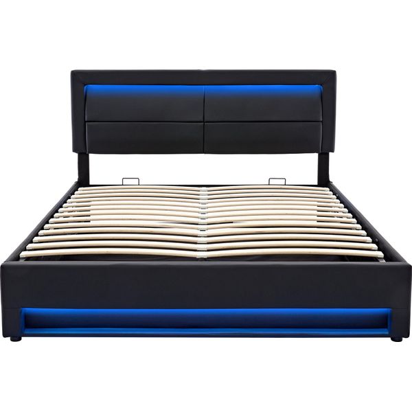 Letto Imbottito Flieks 140X200Cm Con Usb, Letto A Molle Idrauliche Con Led, Letto Contenitore Per Ragazzi Con Rete A Doghe, Letto Matrimoniale In Legno, Pu, Nero-image