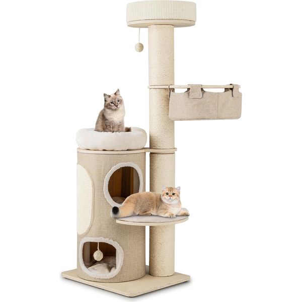 Tiragraffi Costway 154 Cm, Albero Per Gatti Con Tiragraffi A 2 Piani, Amaca, Letto Rimovibile, Tavoletta In Sisal E Palla Da Gioco, Arredamento Per Gatti, Albero Da Arrampicata Naturale-image