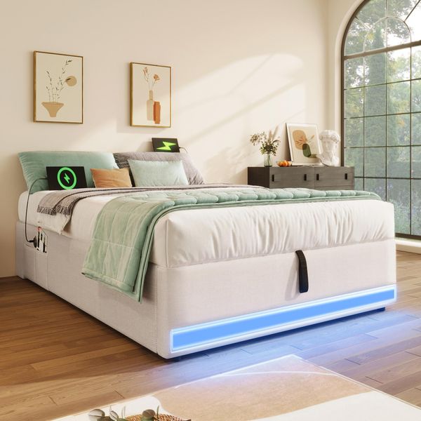 Letto Imbottito Flieks 90X200Cm Senza Testata, Letto Giovanile A Molle Insacchettate Con Led E Funzione Di Carico, Letto Contenitore Letto Singolo Con Contenitore, Lino, Beige-image