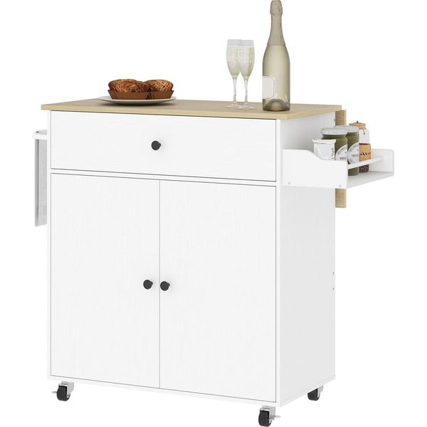 Isola Da Cucina Carrello Da Cucina Su Rotelle Con Piano Di Lavoro Pieghevole, Cassetto, Mobile Da Cucina Su Rotelle Con Ripiano, Portasciugamani, Portaspezie, Carrello Di Servizio Bianco-image