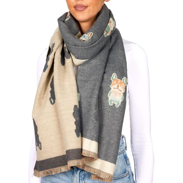 Sciarpa Da Donna Brubaker Cashmirillo - Bulldog Francese - 70 X 200 Cm - Calda E Accogliente - Sciarpa Da Donna Per L'autunno E L'inverno, Grigio-image