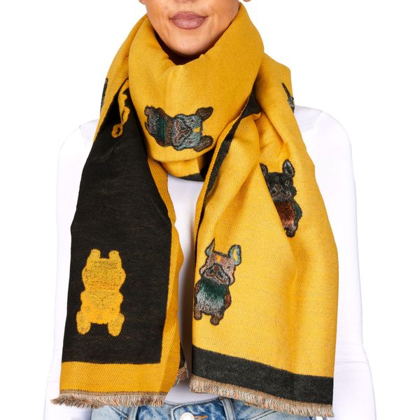 Sciarpa Da Donna Brubaker Cashmirillo - Bulldog Francese - 70 X 200 Cm - Calda E Accogliente - Sciarpa Da Donna Per L'autunno E L'inverno, Giallo-image